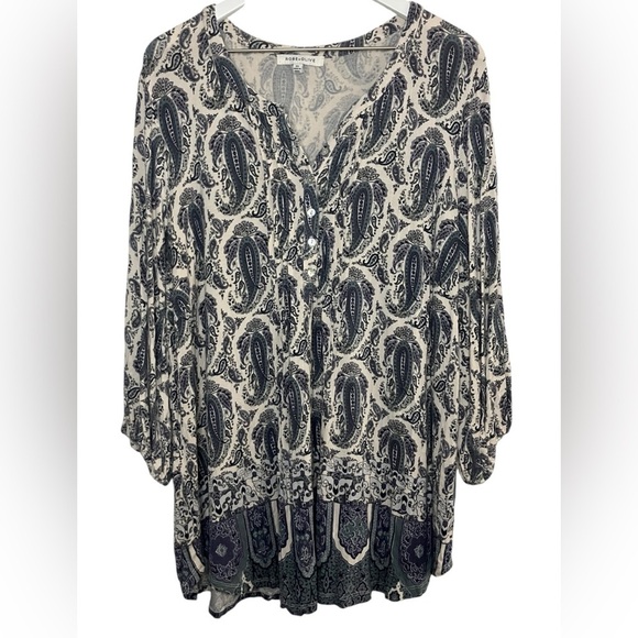 Rose & Olive Tops - Rose & Olive Boho Paisley 1/4 Button Blouse Long Sleeve Artsy Eclectic Blue 2X